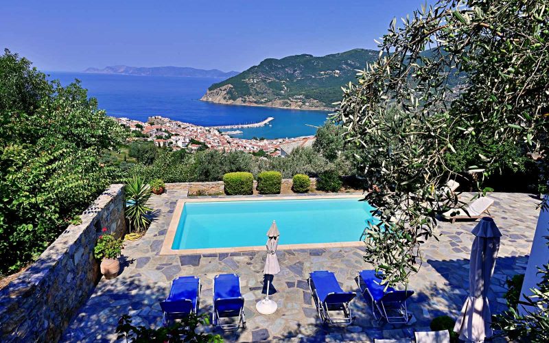 Charming pool Villa with breathtaking views to Skopelos Town and Sea.