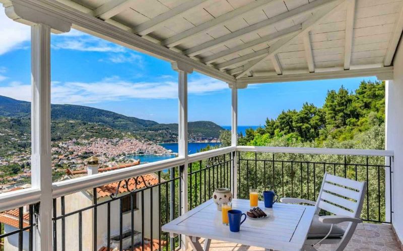 Villa Santa Marina with views to Skopelos Town and port Views Upper terrace