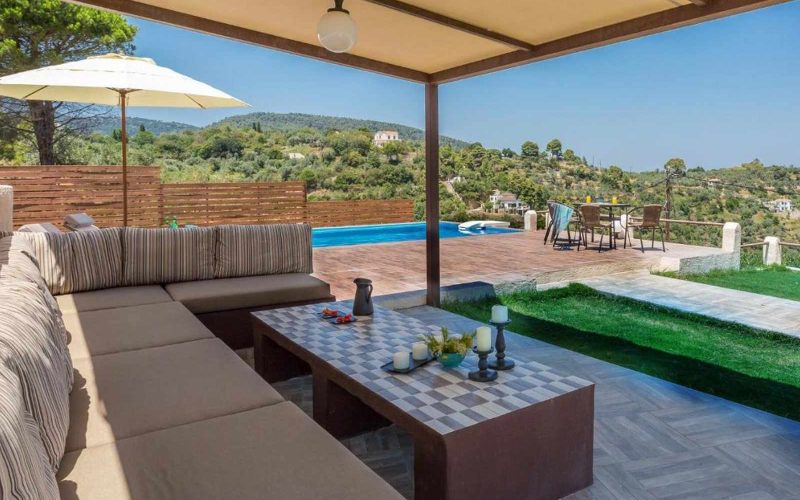 Exquisite pool villa overlooking Skopelos Town and the Aegean Sea Outside shaded area