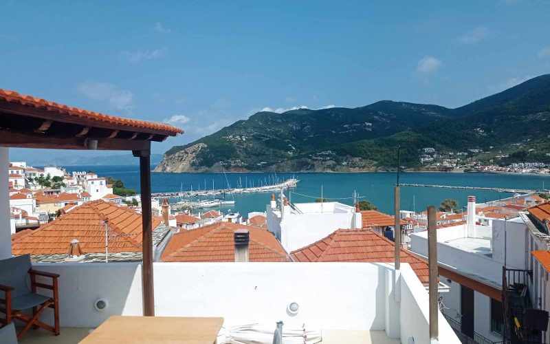 Town house with terraces and views to Skopelos port and Town Covered terrace