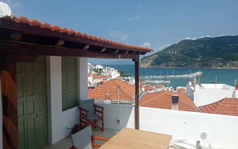 Town house with terraces and views to Skopelos port and Town Covered terrace